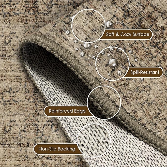 Washable Area Rug 5' x 7' Vintage Traditional Persian Mat - Foldable Distressed Non-Slip Machine Washable Carpet for Living Room Bedroom Kitchen Home Decor - Mocha and Taupe