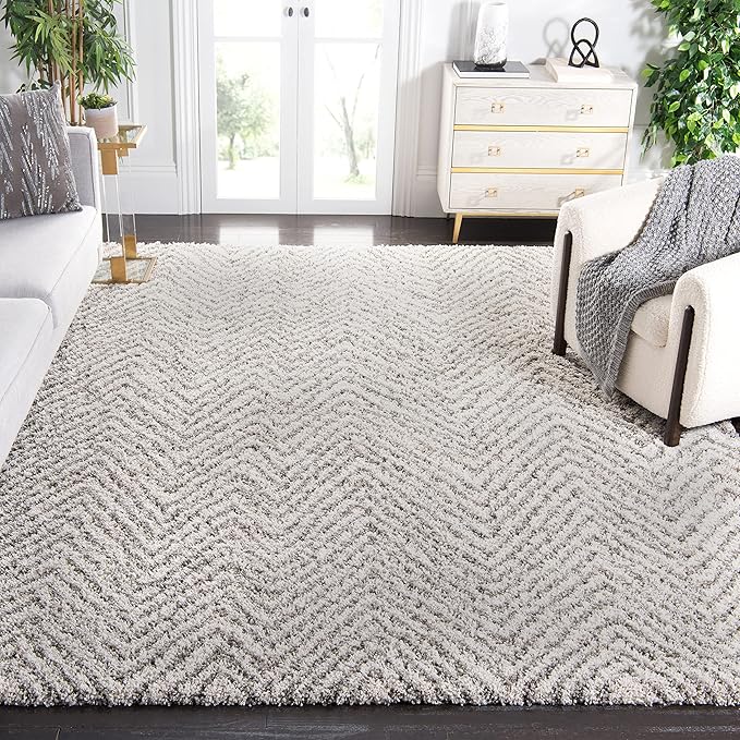 SAFAVIEH Hudson Shag Collection Area Rug - 10' x 14', Ivory & Grey, Chevron Design, Non-Shedding & Easy Care, 2-inch Thick Ideal for High Traffic Areas in Living Room, Bedroom (SGH375A)