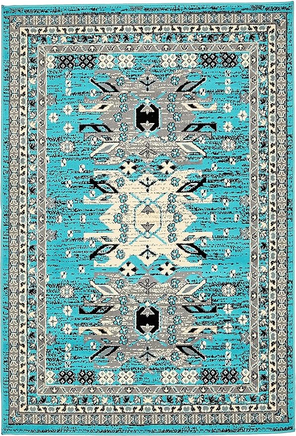 Unique Loom Taftan Collection Border Geometric Tribal Inspired Design Area Rug (4' 0 x 6' 0 Rectangular, Turquoise/ Gray)
