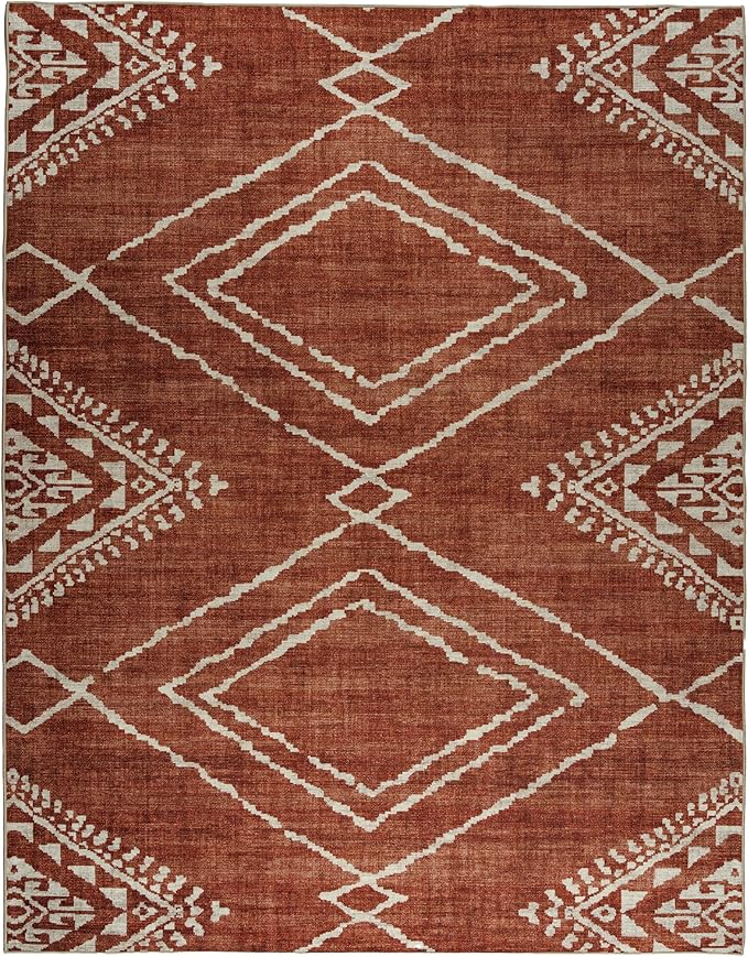 ReaLife Rugs Machine Washable Area Rug - Living Room Bedroom Bathroom Kitchen Entryway Office - Padded Low Pile Stain Resistant Premium - Moroccan Diamond Tribal - Jax - Orange 6' x 8'