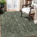 3x5 Washable Area Rugs for Living Room, Vintage Boho Large Rug for Bedroom Dining Room Office, Distressed Floral Print Carpet for Under Table, Soft Non Slip Low Pile Throw Carpet Indoor Mat, Green