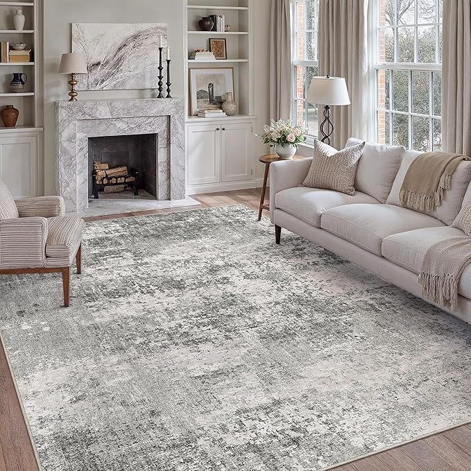 8x10 Grey Area Rug Washable Modern Abstract Living Room Carpet Non Slip Neutral Low Pile Soft Contemporary Gray Bedroom Large Rug Indoor Office Dining Room Playroom