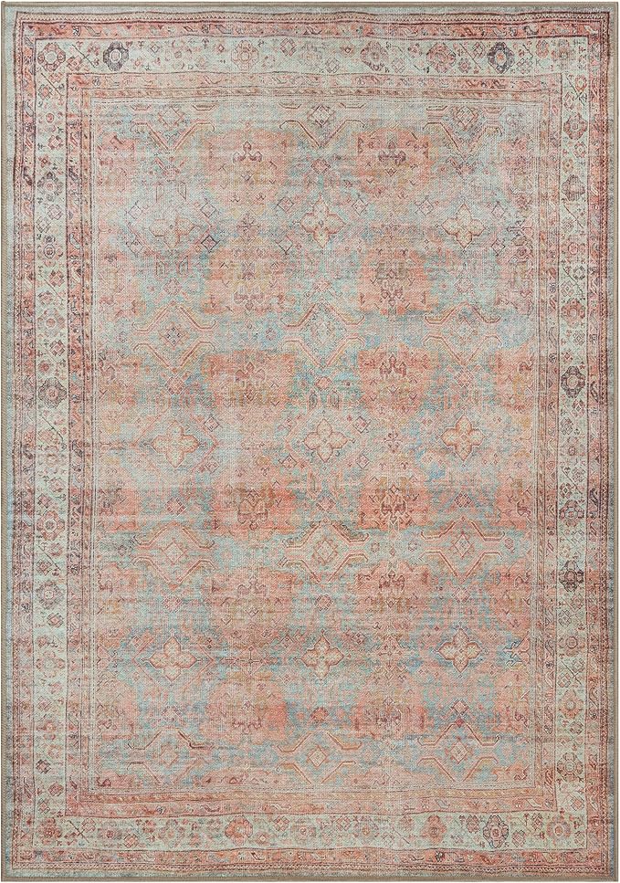 GLN Rugs Traditional Collection - Machine Washable Area Rug, Traditional Washable, Non Slip, Low Pile Chenille Rug, Living Room, Bedroom, Kitchen Rug (6' x 9' Terra/Multicolor 1153)