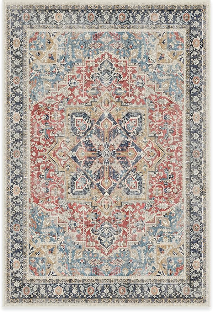 RUGGABLE Washable Vintage Area Rug – Kamran Cayenne Red 6x9, Stain-Resistant, Non-Slip – Medium Machine Washable Rugs for Living Room, Bedroom, Hallway, Entryway & Office–with Cushioned Pad