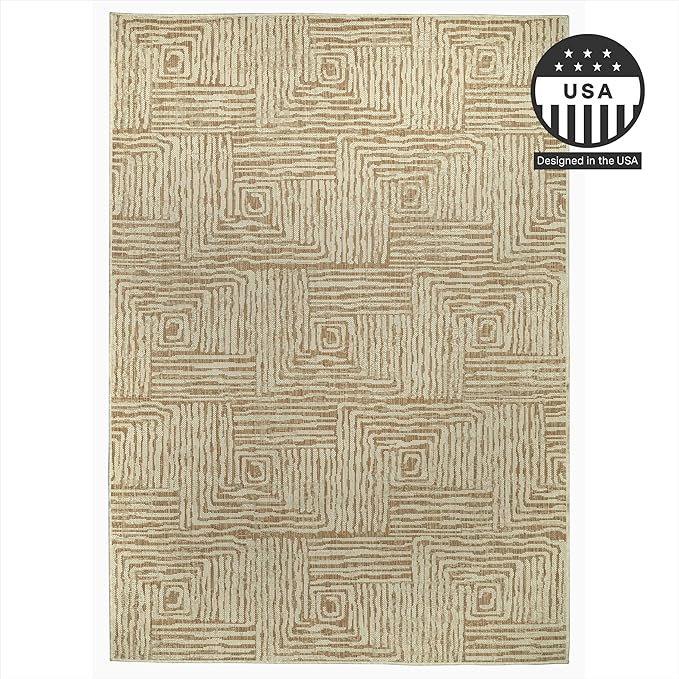 FH Home Flat Woven Outdoor Rug - Waterproof, Easy to Clean, Stain Resistant - Premium Polypropylene Yarn - Modern Geometric - Patio, Porch, Deck, Balcony - Budapest - Beige - 5ft 2in x 7ft 6in