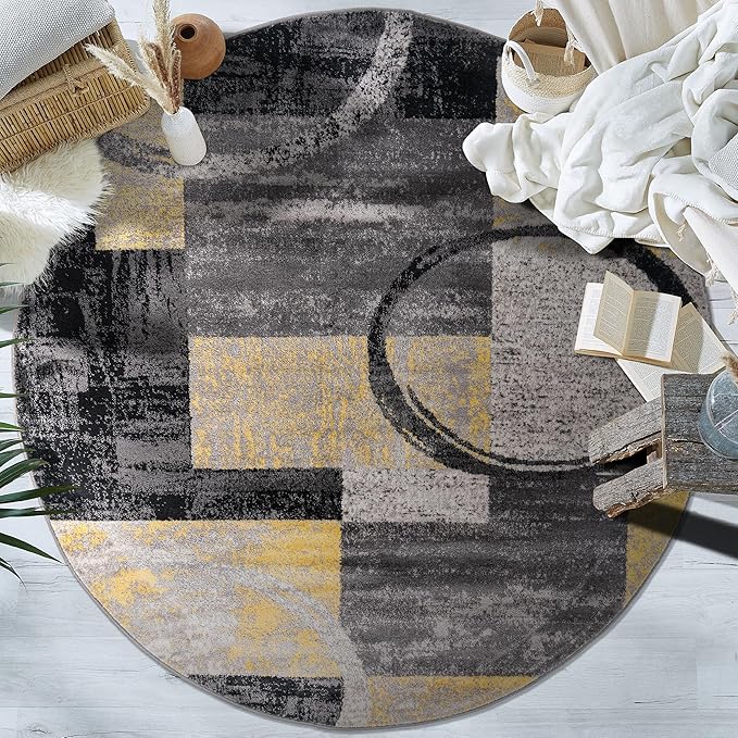 Rugshop Contemporary Abstract Circle Design Soft Area Rug 6' 6" Round Yellow