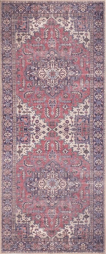 GLN Rugs Traditional Collection - Machine Washable Area Rug, Traditional Washable, Non Slip, Low Pile Chenille Rug, Living Room, Bedroom, Kitchen Rug (2'6" x 7' Multi Blue)