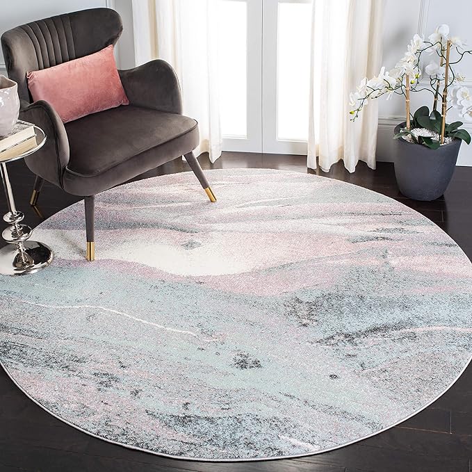 SAFAVIEH Glacier Collection Area Rug - 6'7" Round, Pink & Blue, Modern Abstract Design, Non-Shedding & Easy Care, Ideal for High Traffic Areas in Living Room, Bedroom (GLA126U)