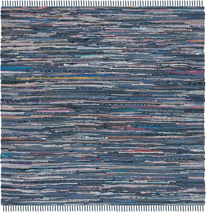 SAFAVIEH Rag Rug Collection Area Rug - 6' Square, Ink & Multi, Handmade Boho Stripe Cotton, Ideal for High Traffic Areas in Living Room, Bedroom (RAR121C)