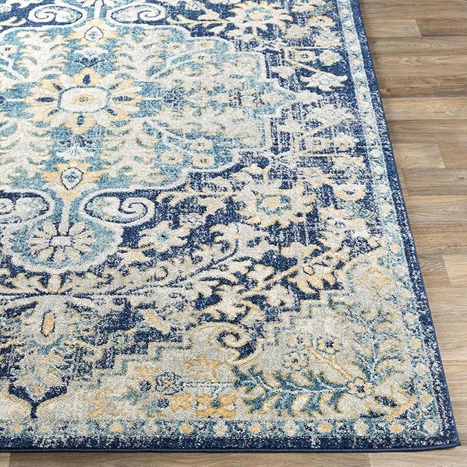 Livabliss Area Rugs - 5x7 Odelia Vintage Boho Blue Aqua Slate Area Rug for Living Room Bedroom - Floral Medallion Stain Resistant Carpet for Kitchen, Nursery, Office (5'3" x 7'3")
