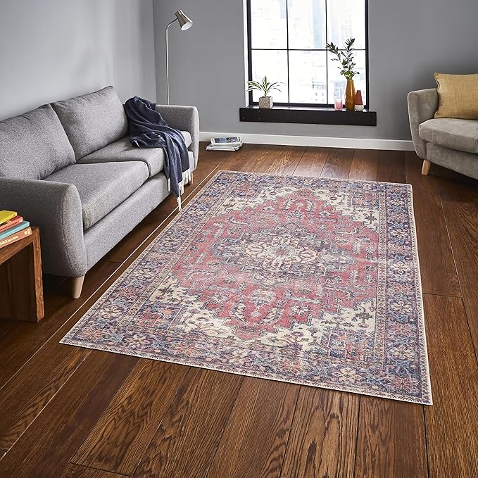 GLN Rugs Traditional Collection - Machine Washable Area Rug, Traditional Washable, Non Slip, Low Pile Chenille Rug, Living Room, Bedroom, Kitchen Rug (3' x 5' Multi Blue)