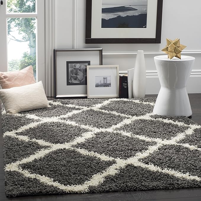 SAFAVIEH Dallas Shag Collection Area Rug - 6' Square, Dark Grey & Ivory, Trellis Design, Non-Shedding & Easy Care, 1.5-inch Thick Ideal for High Traffic Areas in Living Room, Bedroom (SGD257A)