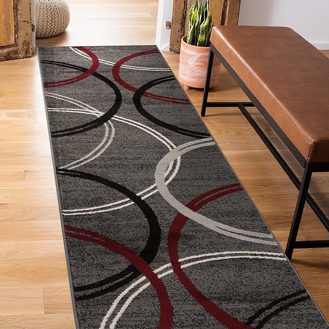Rugshop Modern Wavy Circles Design Non-Shedding Runner Rug, Carpet for Hallway or Kitchen, Red, 2' x 10'