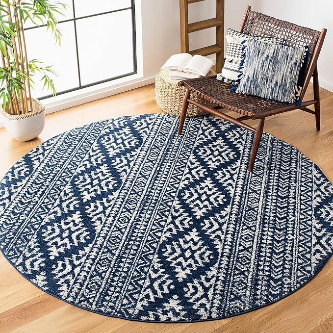 SAFAVIEH Tulum Collection Area Rug - 10' Round, Navy & Ivory, Moroccan Boho Tribal Design, Non-Shedding & Easy to Clean, Ideal for Living Room, Bedroom, Dining Space (TUL272N)