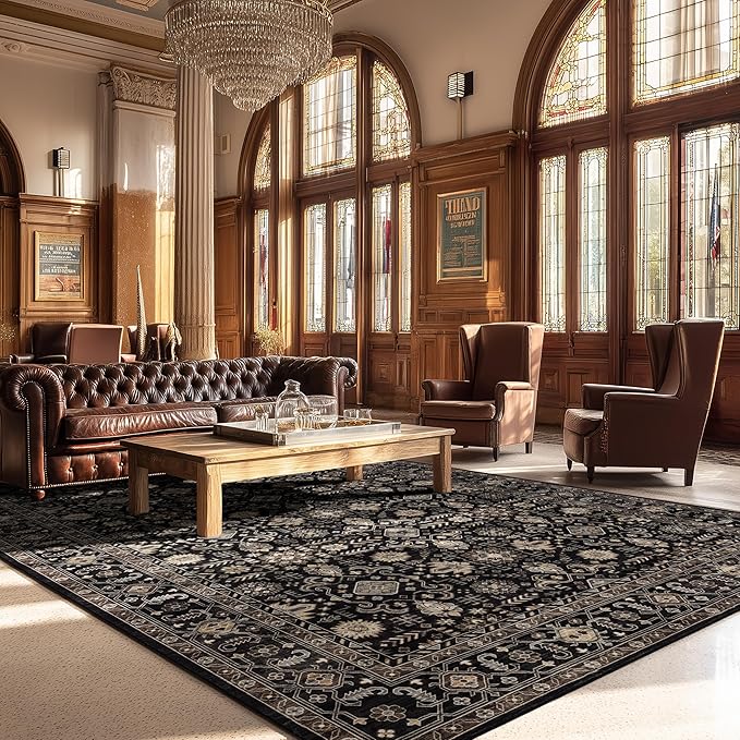 Area Rug Non Slip Machine Washable Ultra Soft Living Room/Bedroom/Kitchen/Outdoor/Classroom Black Gold, 8'×10'