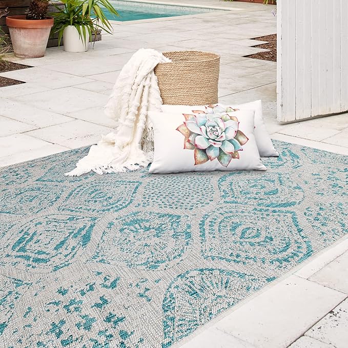 FH Home Flat Woven Outdoor Rug - Waterproof, Easy to Clean, Stain Resistant - Premium Polypropylene Yarn - Distressed Farmhouse - Large Patio, Deck, Sunroom - Granada - Aqua - 7ft 10in x 10ft 9in