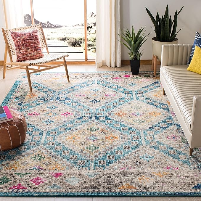 SAFAVIEH Madison Collection Area Rug - 10' x 14', Dark Blue & Yellow, Boho Diamond Distressed Design, Non-Shedding & Easy Care, Ideal for High Traffic Areas in Living Room, Bedroom (MAD418N)