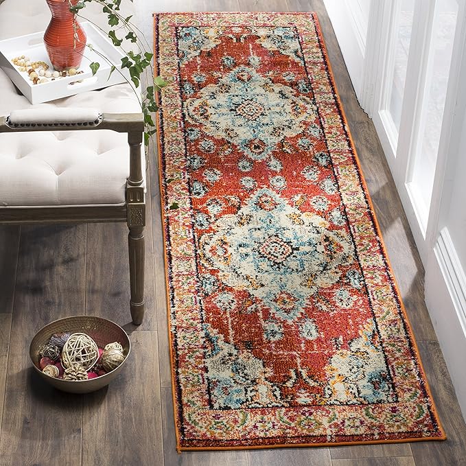 SAFAVIEH Monaco Collection Runner Rug - 2'2" x 20', Orange & Light Blue, Boho Chic Medallion Distressed Design, Non-Shedding & Easy Care, Ideal for High Traffic Areas in Living Room, Bedroom (MNC243H)