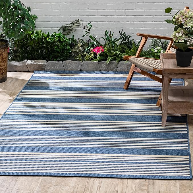 FH Home Outdoor Rug - Waterproof Easy to Clean Stain Resistant - Patio Indoor Outdoor Porch Deck Balcony Entryway - Striped Coastal - Newport - Blue - 5ft 2in x 7ft 6in