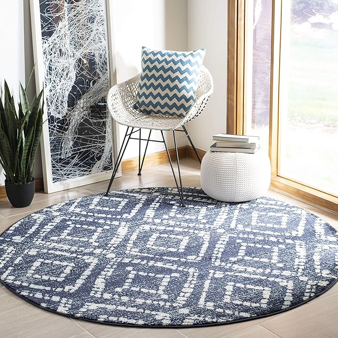 SAFAVIEH Adirondack Collection 3' Round Navy/Ivory ADR131N Diamond Distressed Non-Shedding Living Room Bedroom Area Rug