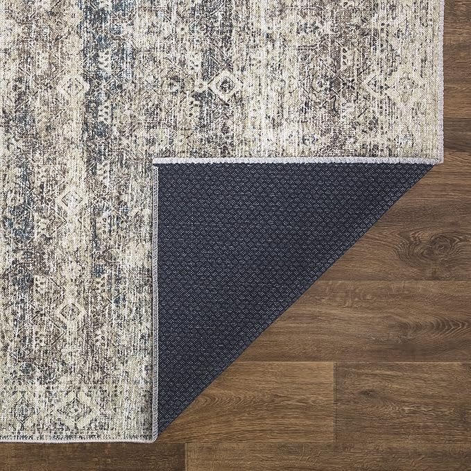Bloom Rugs Caria Washable Non-Slip 5x7 Rug - Beige Brown/Teal Traditional Area Rug for Living Room, Bedroom, Dining Room, and Kitchen - Exact Size: 5' x 7'