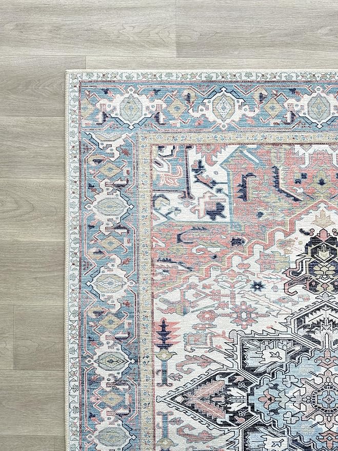Fame Living Faded Oushak Rug, Turkish Vintage Floral Pastel Large Oversized Area Rugs for Living Room Dining Bedroom Kitchen Bathroom Nursery (848CrNv, 2' x 3')