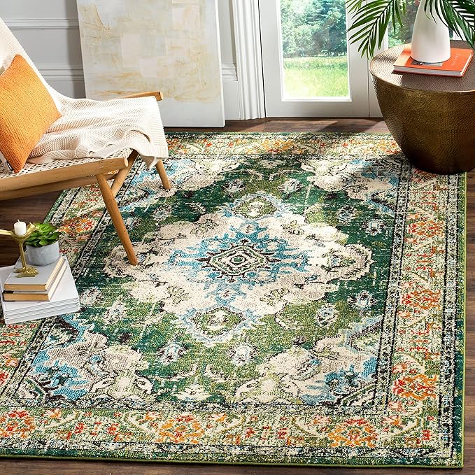 SAFAVIEH Monaco Collection Area Rug - 5'1" x 7'7", Forest Green & Light Blue, Medallion Distressed Design, Non-Shedding & Easy Care, Ideal for High Traffic Areas in Living Room, Bedroom (MNC243F)