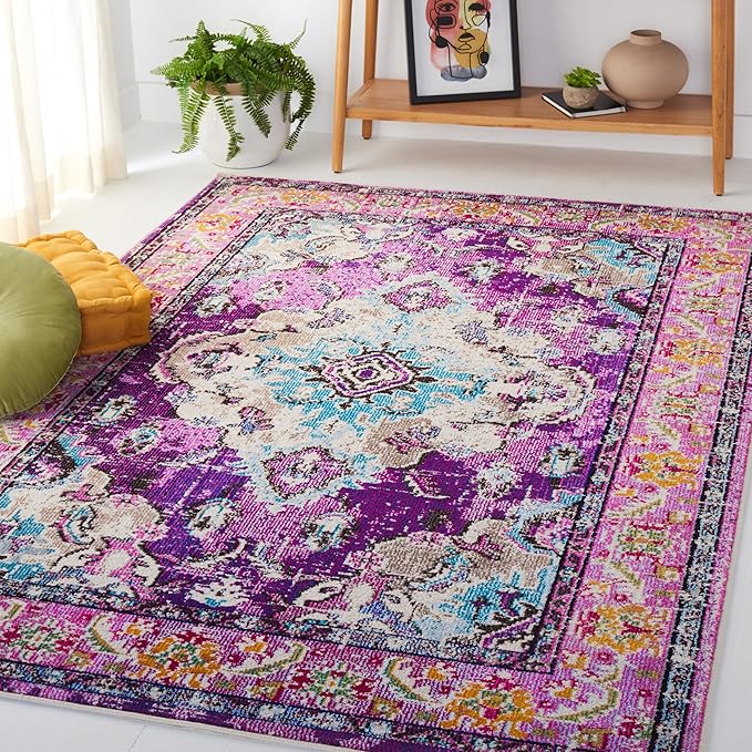 SAFAVIEH Monaco Collection Accent Rug - 4' x 5'7", Violet & Light Blue, Medallion Distressed Design, Non-Shedding & Easy Care, Ideal for High Traffic Areas in Entryway, Living Room, Bedroom (MNC243L)
