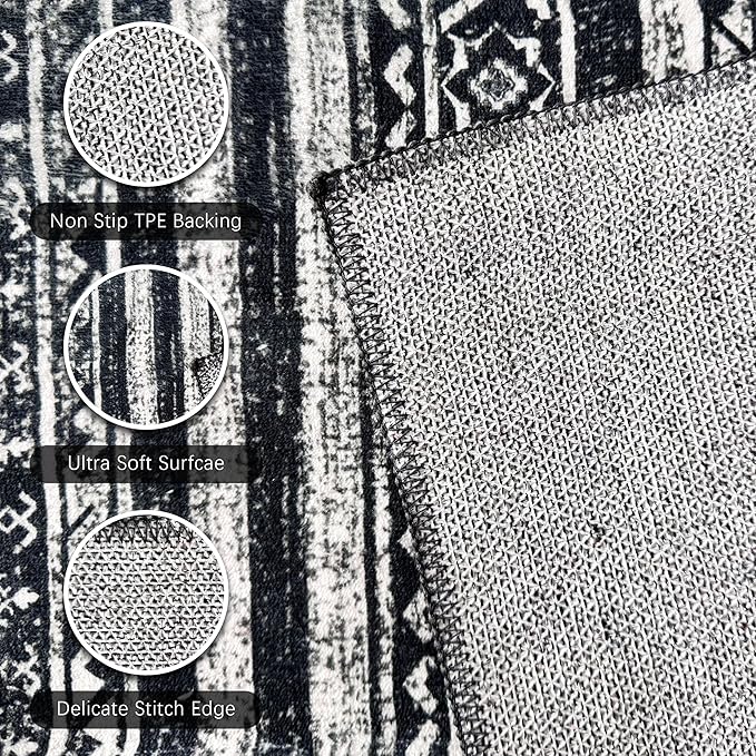 RUGSURE Washable Area Rugs 2'6'' x 8' - 1/6 Thick - Moroccan-Inspired -Stain & Water Resistant Non-Slip - Resistant Rug for Living Room, Bedroom, Nursery, Pet & Child Friendly (Black)