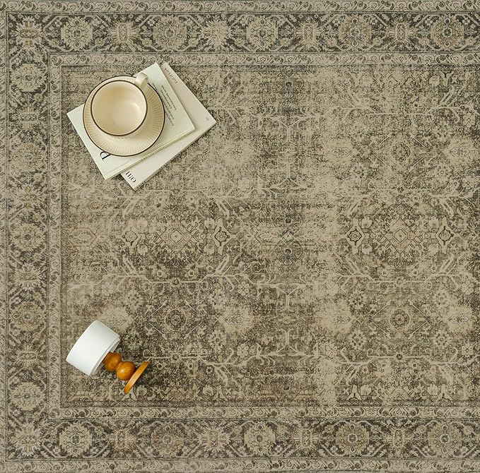 Light Brown 2x6 Vintage Area Rug Hallway Indoor Kitchen Washable Living Room Carpet Tribal Distressed Rug Retro Accent Throw Rug for Office Dining Room Bathroom Faux Wool