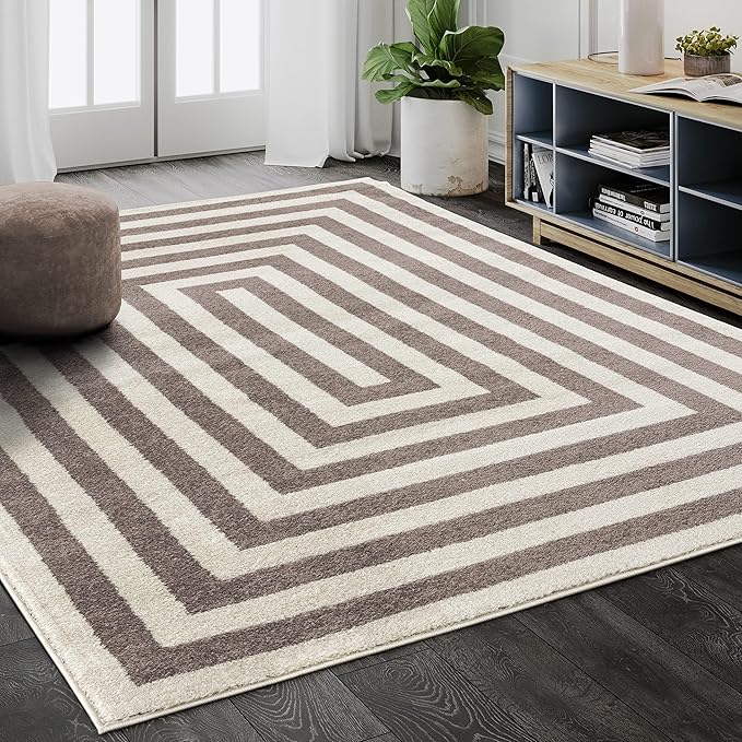 Abani Contemporary Area Rug, Contrasting Geometric Modern Stripe Symmetrical Living Room Carpet Rugs (Beige, 6' x 9')