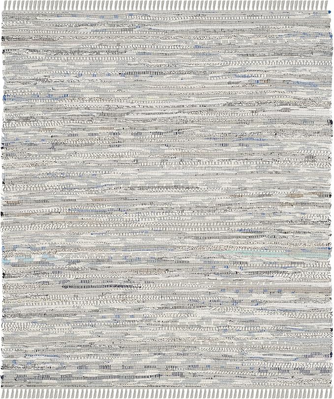 SAFAVIEH Rag Rug Collection Area Rug - 4' Square, Grey, Handmade Boho Stripe Cotton, Ideal for High Traffic Areas in Living Room, Bedroom (RAR121A)