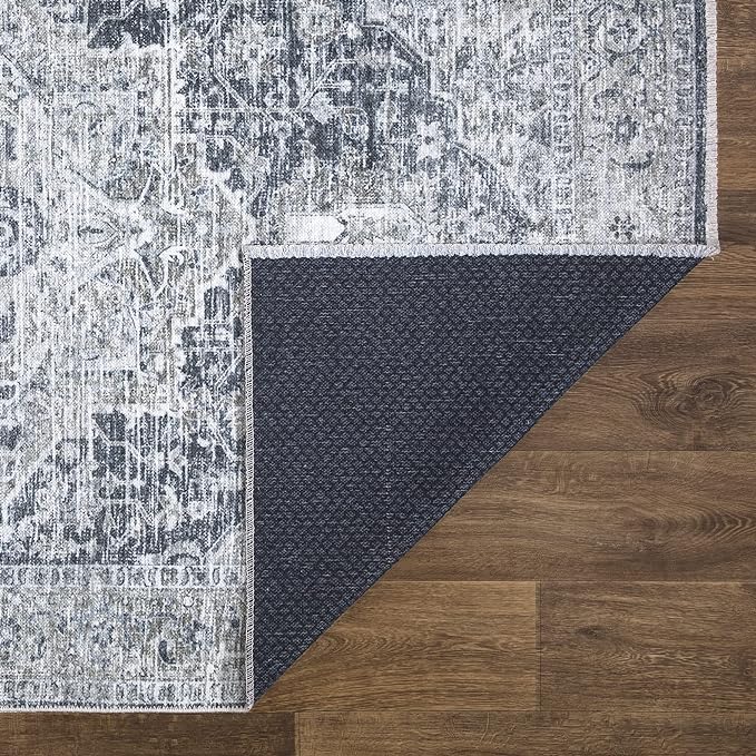 Bloom Rugs Caria Washable Non-Slip 9x12 Rug - Gray/Dark Blue Traditional Area Rug for Living Room, Bedroom, Dining Room, and Kitchen - Exact Size: 9' x 12'