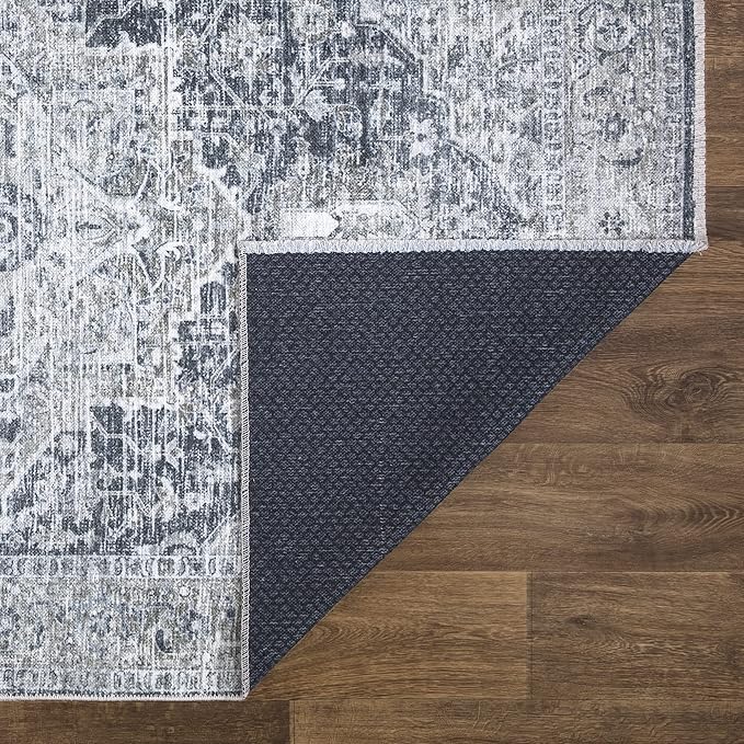 Bloom Rugs Caria Washable Non-Slip 10 ft Runner - Gray/Dark Blue Traditional Runner for Entryway, Hallway, Bathroom, and Kitchen - Exact Size: 2'6" x 10'