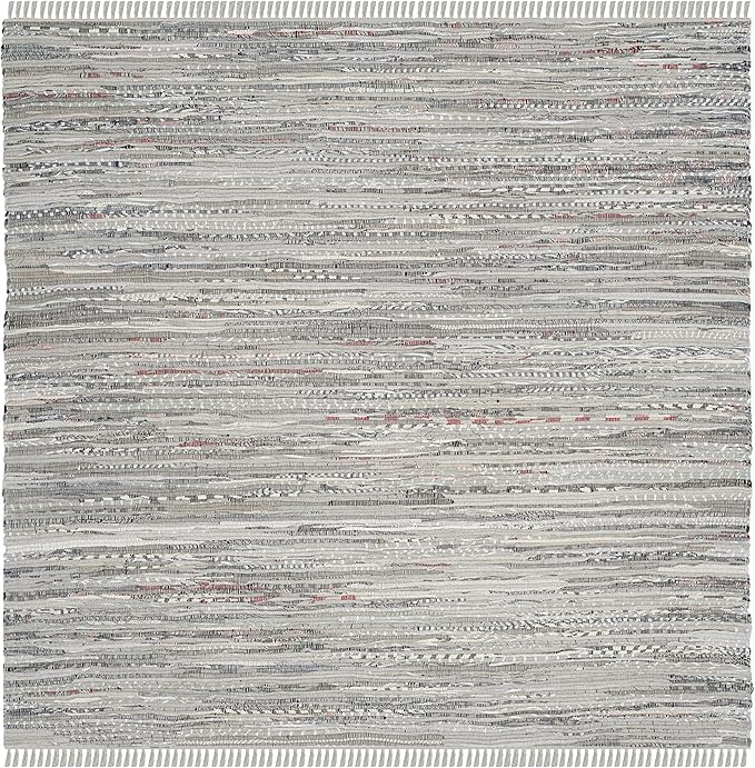 SAFAVIEH Rag Rug Collection Area Rug - 8' Square, Grey, Handmade Boho Stripe Cotton, Ideal for High Traffic Areas in Living Room, Bedroom (RAR121A)