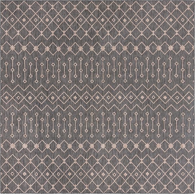 Unique Loom Outdoor Trellis Collection Area Rug - Tribal Trellis (10' 8" Square, Charcoal Gray/ Natural)