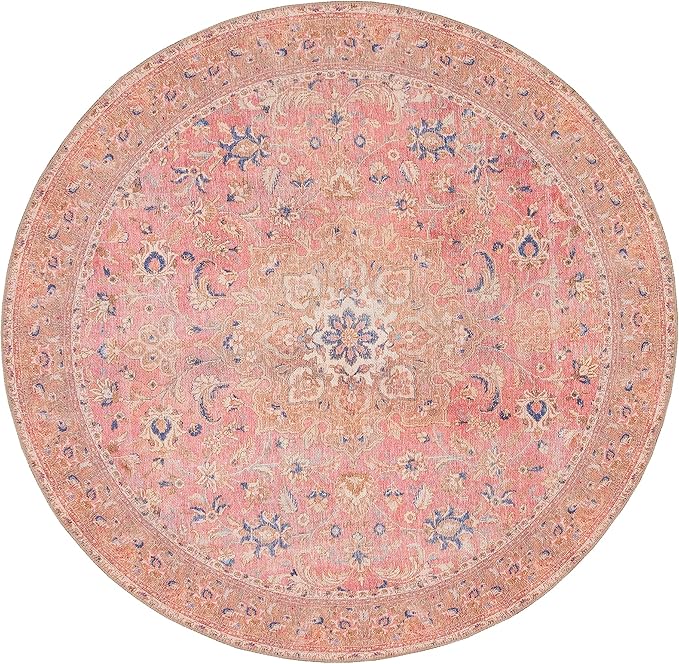 GLN Rugs Traditional Collection - Machine Washable Area Rug, Traditional Washable, Non Slip, Low Pile Chenille Rug, Living Room, Bedroom, Kitchen Rug (5'3" Round Pink/Cream)