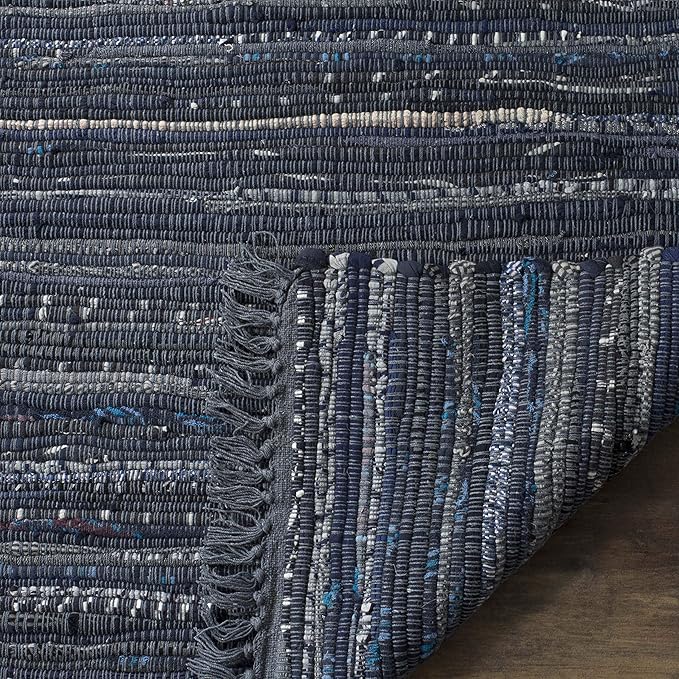 SAFAVIEH Rag Rug Collection Area Rug - 4' Square, Ink & Multi, Handmade Boho Stripe Cotton, Ideal for High Traffic Areas in Living Room, Bedroom (RAR121C)