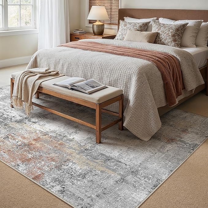10x12 Washable Area Rug Grey Rust Abstract Living Room Bedroom Carpet Neutral Modern Non-Slip Soft Low Pile Lightweight Vacuumable Large Throw Rug for Dining Room