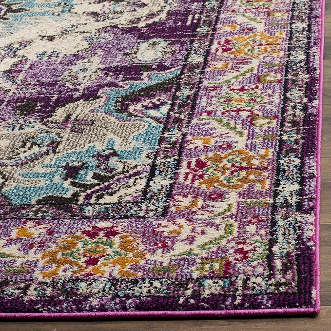 SAFAVIEH Monaco Collection Accent Rug - 4' x 5'7", Violet & Light Blue, Medallion Distressed Design, Non-Shedding & Easy Care, Ideal for High Traffic Areas in Entryway, Living Room, Bedroom (MNC243L)