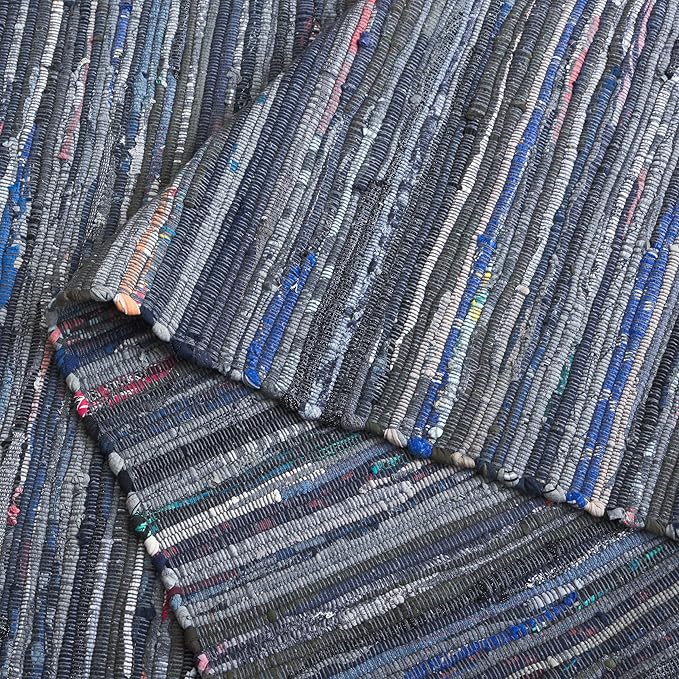 SAFAVIEH Rag Rug Collection Area Rug - 6' Square, Ink & Multi, Handmade Boho Stripe Cotton, Ideal for High Traffic Areas in Living Room, Bedroom (RAR121C)