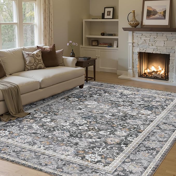 HUGEAR 5x7 Machine Washable Rugs Black Grey Hallway Area Rug Indoor Accent Rug Floral Low Pile Carpet Soft Throw Aesthetic Rug Bedroom Living Room Office Dining Room Kitchen Laundry Room Non Slip