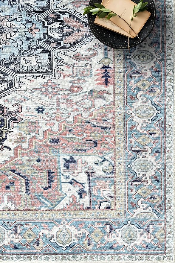 Fame Living Faded Oushak Rug, Turkish Vintage Floral Pastel Large Oversized Area Rugs for Living Room Dining Bedroom Kitchen Bathroom Nursery (848CrNv, 2' x 3')