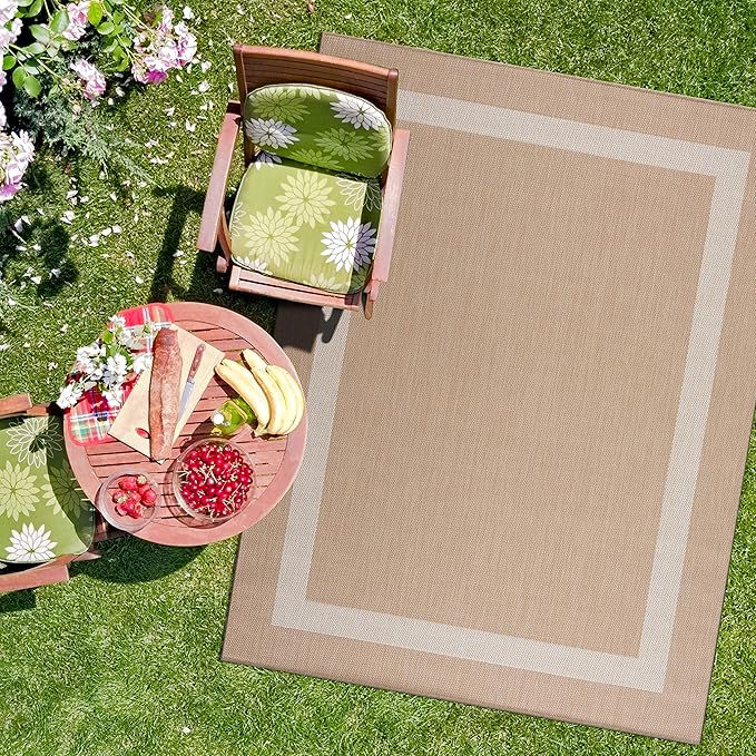 CAMILSON Outdoor Rug 9x12, Large Modern Outside Rugs for Patios Porches Waterproof Durable Washable Non-Shedding, Easy-to-Clean Indoor Outdoor Area Carpet (9 x 12, Bordered - Beige/White)