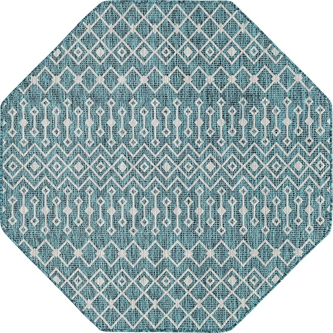 Unique Loom Outdoor Trellis Collection Area Rug - Tribal Trellis (5' 3" Octagon, Teal/ Ivory)
