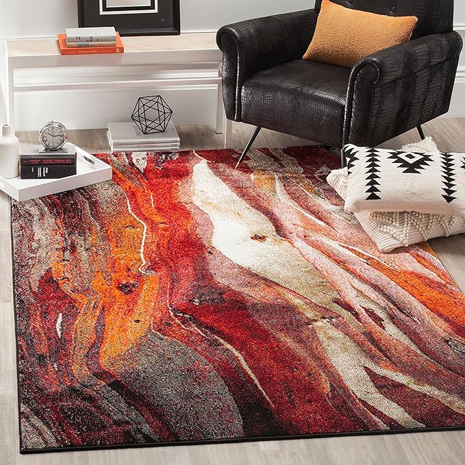 SAFAVIEH Glacier Collection Area Rug - 6'7" Square, Red & Multi, Modern Abstract Design, Non-Shedding & Easy Care, Ideal for High Traffic Areas in Living Room, Bedroom (GLA126A)