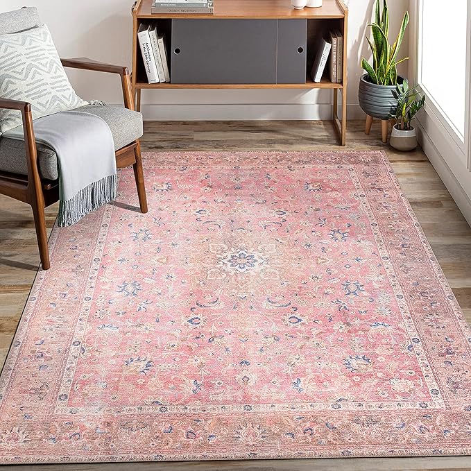 GLN Rugs Traditional Collection - Machine Washable Area Rug, Traditional Washable, Non Slip, Low Pile Chenille Rug, Living Room, Bedroom, Kitchen Rug (5' x 7' Pink/Cream)