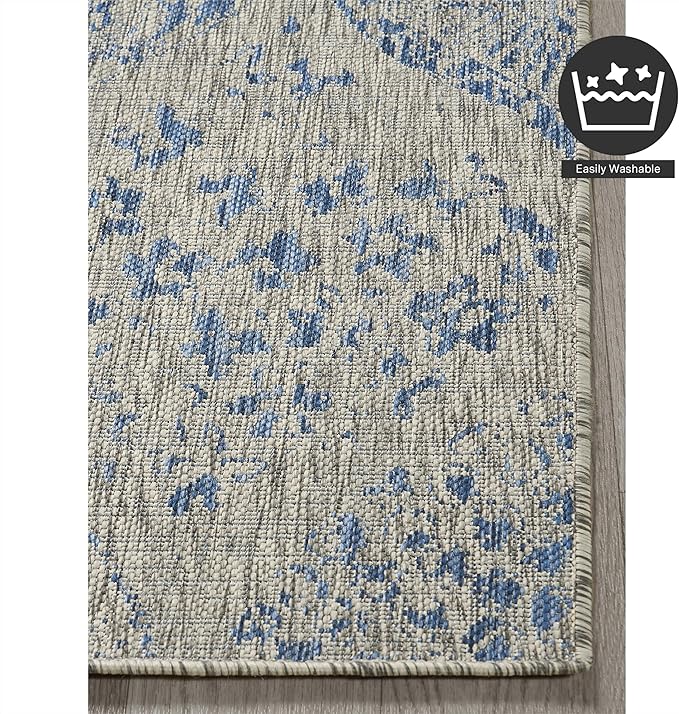 FH Home Outdoor Rug - Waterproof Easy to Clean Stain Resistant - Patio Indoor Outdoor Porch Deck Balcony Entryway - Distressed Farmhouse - Granada - Blue - 5ft 2in x 7ft 6in