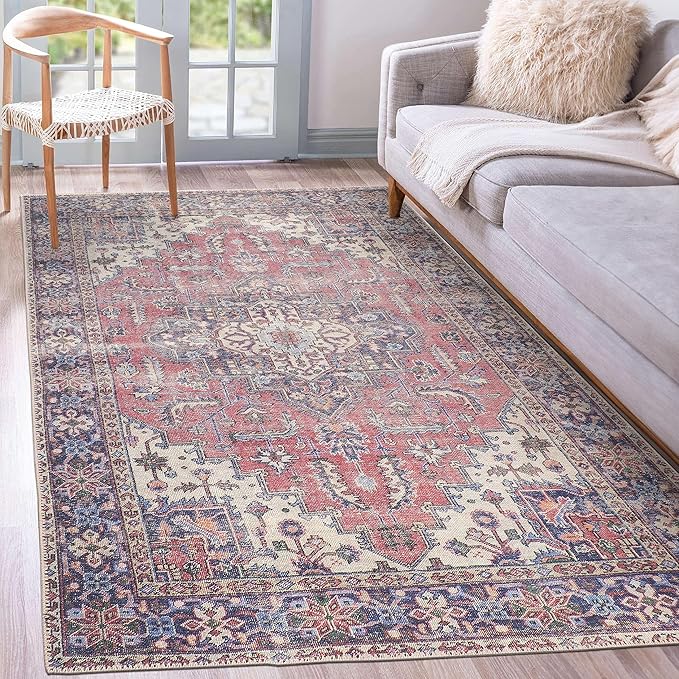 GLN Rugs Traditional Collection - Machine Washable Area Rug, Traditional Washable, Non Slip, Low Pile Chenille Rug, Living Room, Bedroom, Kitchen Rug (3' x 5' Multi Blue)