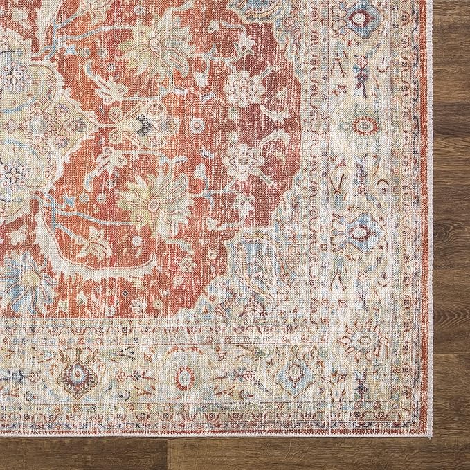 Bloom Rugs Caria Washable Non-Slip 6x9 Rug - Orange/Olive Beige Traditional Area Rug for Living Room, Bedroom, Dining Room, and Kitchen - Exact Size: 6' x 9'